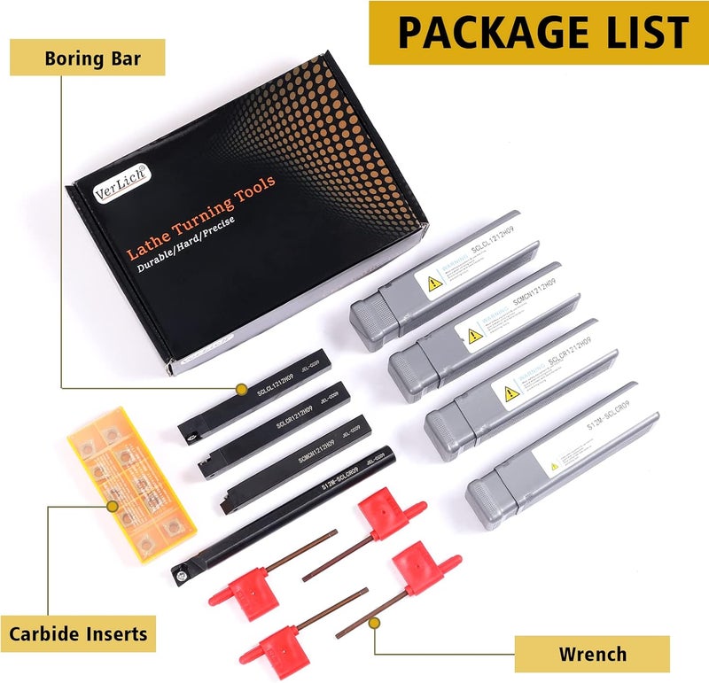 VerRich Indexable Lathe Turning Tools 1/2"12mm Shank 14Pcs Kit,4 Pcs Metal Lathe Tools Holder With 10pcs CMT09T304 Carbide inserts Blade - Image 5