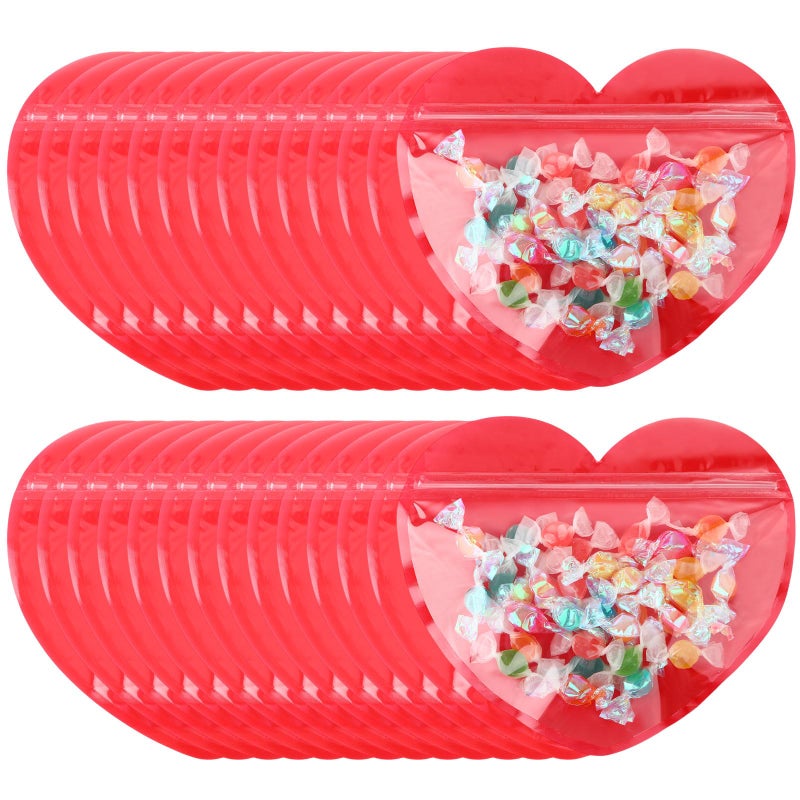 Yexiya 50 Pcs Large Valentine Gift Bags 6.7 x 8 Inch Heart Shaped Treat Bags Valentine Clear Cellophane Bag Plastic Heart Candy Goodie Reusable Sealed Bag for Party Favors(Red) - Image 1