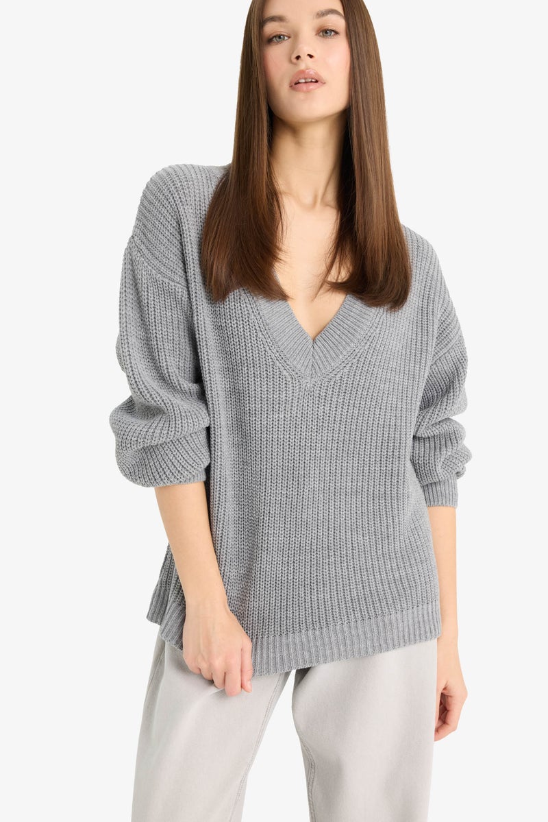 DeFacto Grey Woman Oversize Fit V-Neck Knit Pullover Casual - Image 1