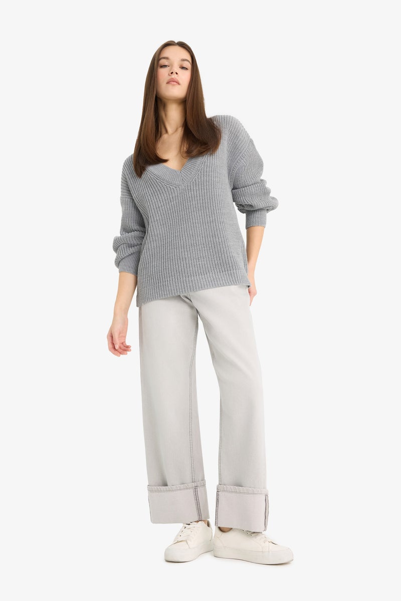 DeFacto Grey Woman Oversize Fit V-Neck Knit Pullover Casual - Image 2