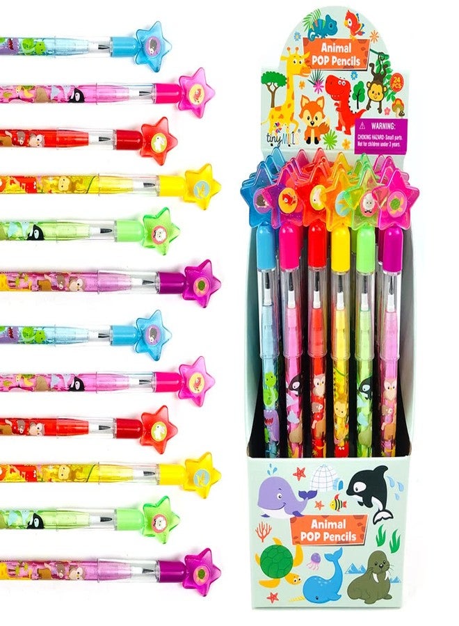 TINYMILLS 24 Pcs Assorted Animals Stackable Push Pencil Assortment with Eraser for Party Favors Goodie Bag Stuffers VBS Classroom Rewards Pinata Fillers Carnival Prize Barnyard Party - Image 1