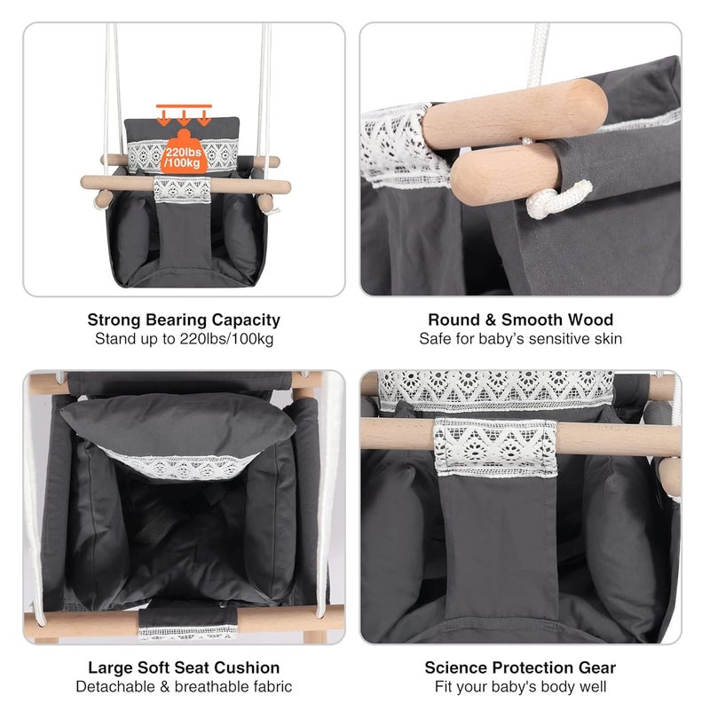 MAPPLE CREATION Baby Swing Seat Canvas Hanging Swing Seat with Safety Belt for Baby Toddler Infant Tree Swing Playground Indoor Outdoor Hammock Swing Dark Gray with Lace - Image 4
