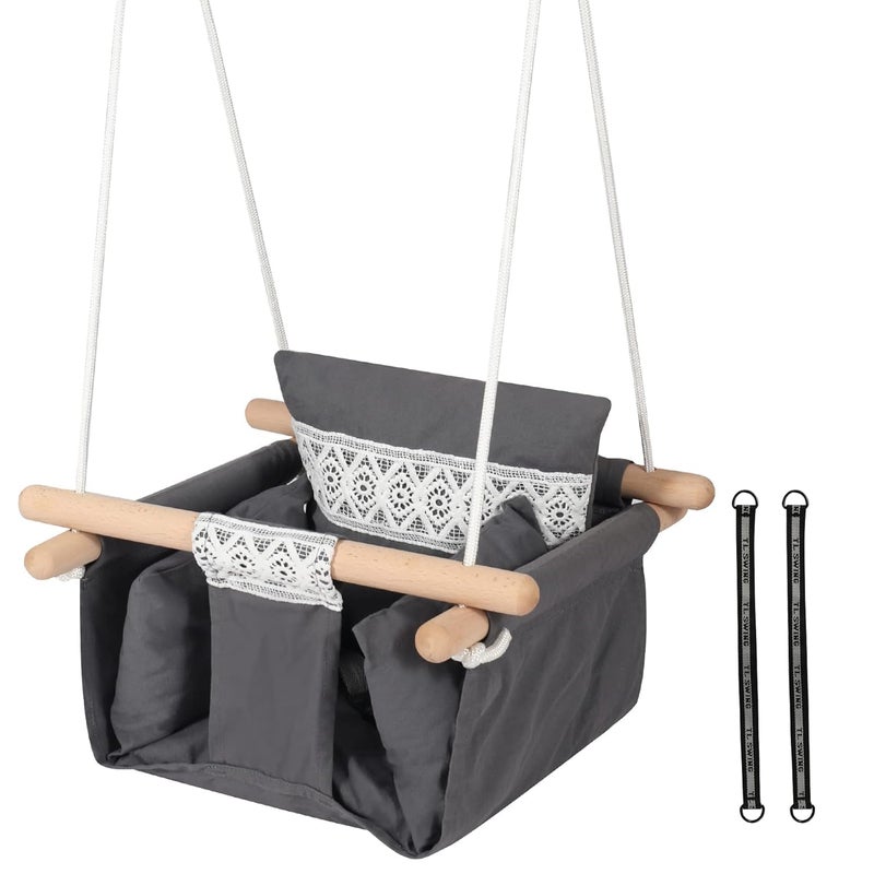 MAPPLE CREATION Baby Swing Seat Canvas Hanging Swing Seat with Safety Belt for Baby Toddler Infant Tree Swing Playground Indoor Outdoor Hammock Swing Dark Gray with Lace - Image 1