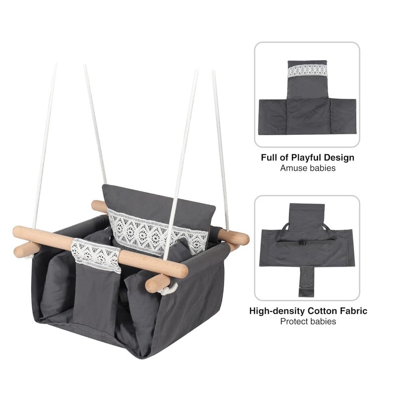 MAPPLE CREATION Baby Swing Seat Canvas Hanging Swing Seat with Safety Belt for Baby Toddler Infant Tree Swing Playground Indoor Outdoor Hammock Swing Dark Gray with Lace - Image 5