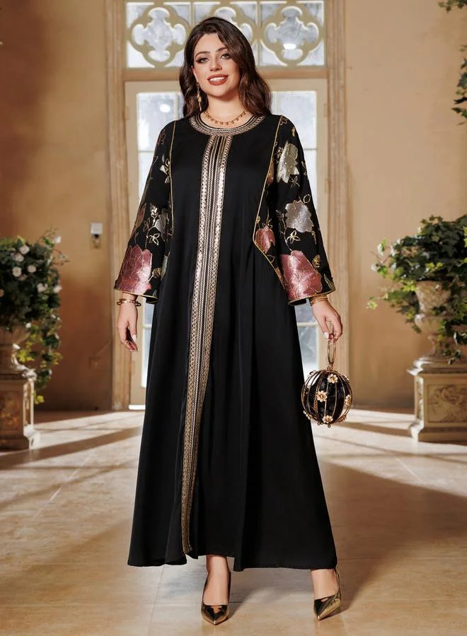 Take Two Black Round Neck Jalabiya with Sequin Embroidery