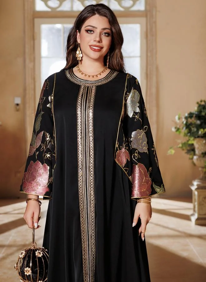 Take Two Black Round Neck Jalabiya with Sequin Embroidery
