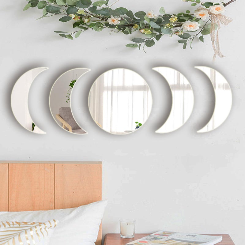 Aooyaoo 5 Pieces Acrylic Mirror Wall Stickers Natural Wall Decor Self Adhesive Mirrors Stickers Moon Phase Mirror Bohemian Wall Decoration for Home Living Room Bathroom Bedroom Decor 20cm