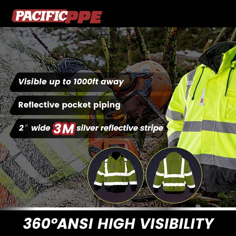 PACIFIC PPE Waterproof Reflective Jackets, Class 3 High Visibility Safety Jackets for Men, Polar Fleece Shell Work Construction Bomber Coats for Cold Weather, Black Bottom, Large - Image 5