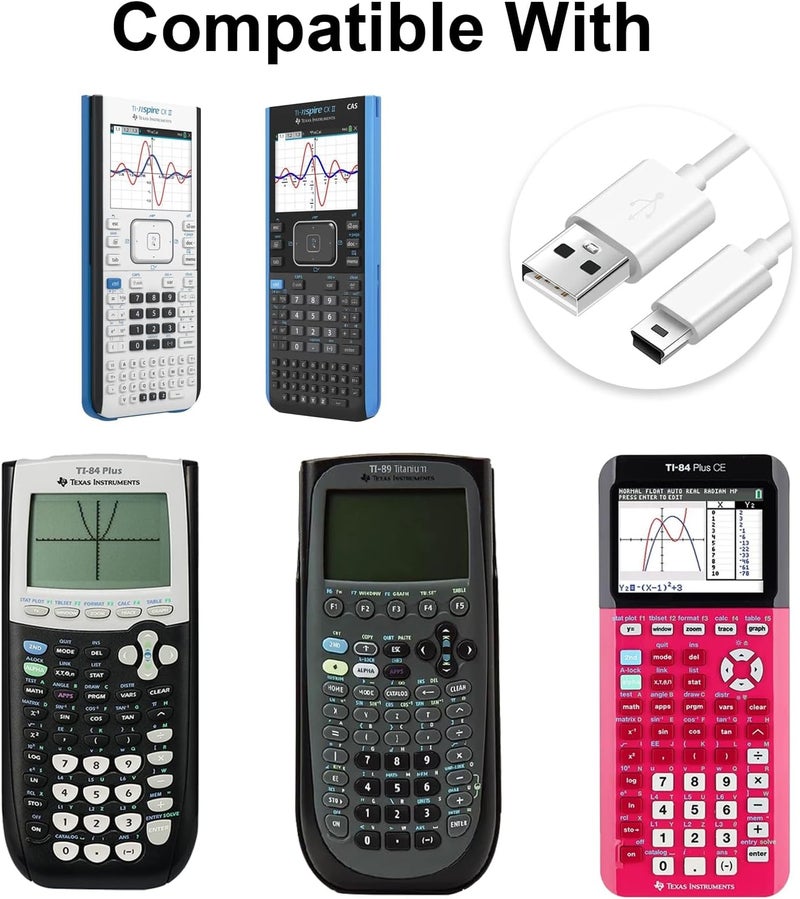 (2 Pack) USB Charger and Data Cable for Texas Instruments Calculators TI-84 Plus CE Graphing Calculator, TI-Nspire CX/CX CAS, TI-84 Plus CE Color/C Silver (White) - Image 2