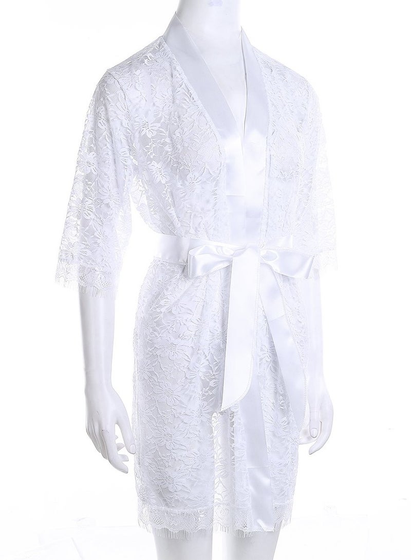 VITION Nighty for Women Sleepwear Underwear Lace Mesh Briefts and Longwear Robe Soft Silky Night Gown Set (XXL) White - Image 2