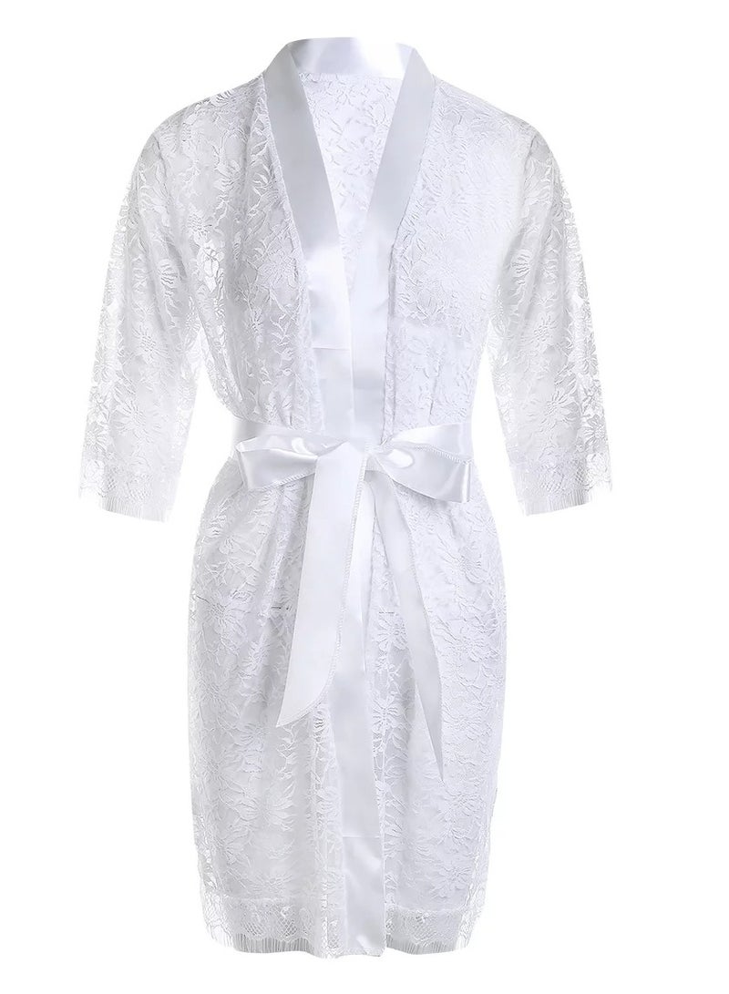VITION Nighty for Women Sleepwear Underwear Lace Mesh Briefts and Longwear Robe Soft Silky Night Gown Set (XXL) White - Image 1