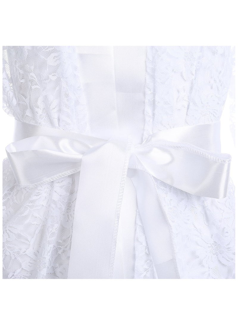 VITION Nighty for Women Sleepwear Underwear Lace Mesh Briefts and Longwear Robe Soft Silky Night Gown Set (XXL) White - Image 4