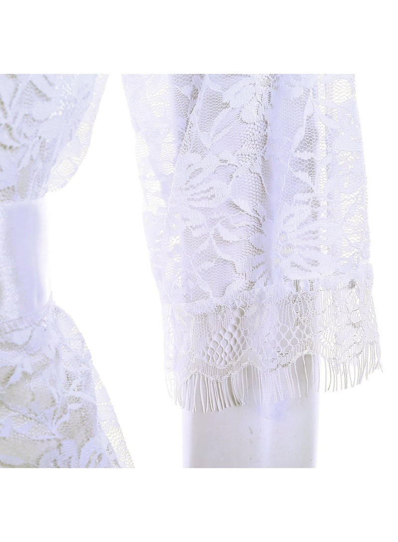 VITION Nighty for Women Sleepwear Underwear Lace Mesh Briefts and Longwear Robe Soft Silky Night Gown Set (XXL) White - Image 5