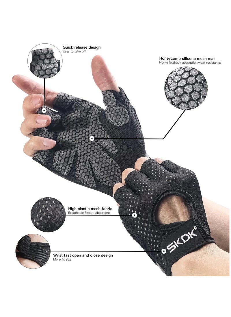 SKDK Breathable Exercise Gloves, Flexible Anti Slip Weight Lifting Gloves With Shock Absorbing Foam Pad Palm, Hollow Silicone Palm Training Gloves For Cycling, Bodybuilding, Gym Workout, (Size L, Black)  - Image 2