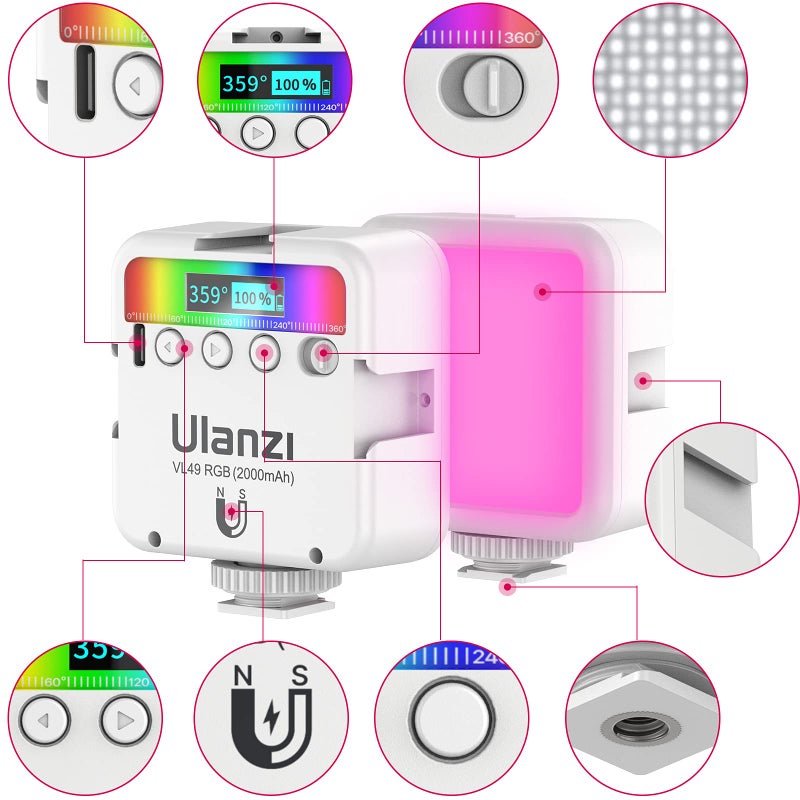 ULANZI VL49 RGB Video Lights White, LED Camera Light 360° Full Color Portable Photography Lighting w 3 Cold Shoe, 2000mAh Rechargeable CRI 95+ 2500-9000K Lamp Support Magnetic Attraction - Image 2
