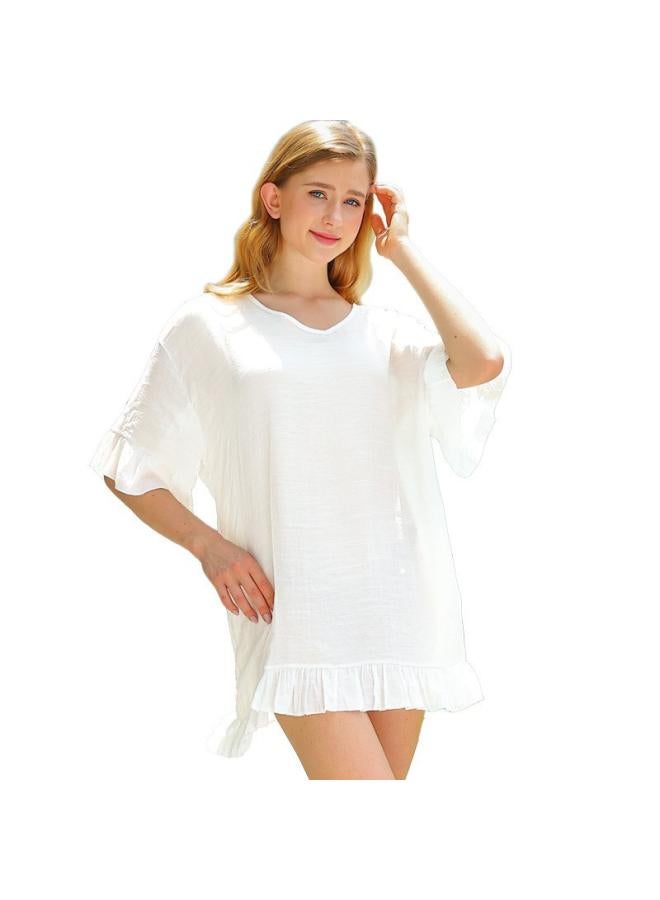 European And American Women's Vacation Style Solid Color Loose V-neck Ruffled Flying Sleeve Women's Bikini Blouse Sunscreen Shirt 