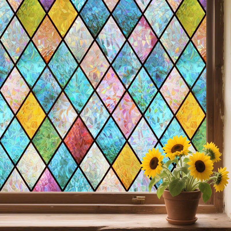 WPCTEV 3D Window Film No Glue Privacy for Glass Sticker Static Cling Heat Control Anti UV Non-Adhesive Decorative Rhombus 17.5 Inch x 6.5 Feet - Image 1