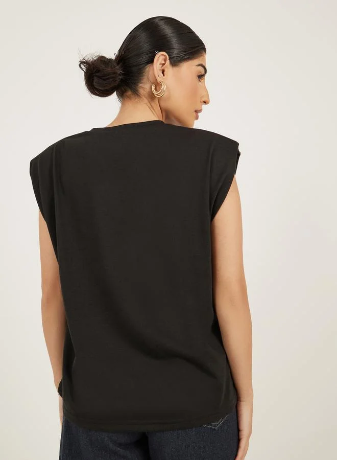 Styli Graphic Print Padded Shoulder Sleeveless T-Shirt