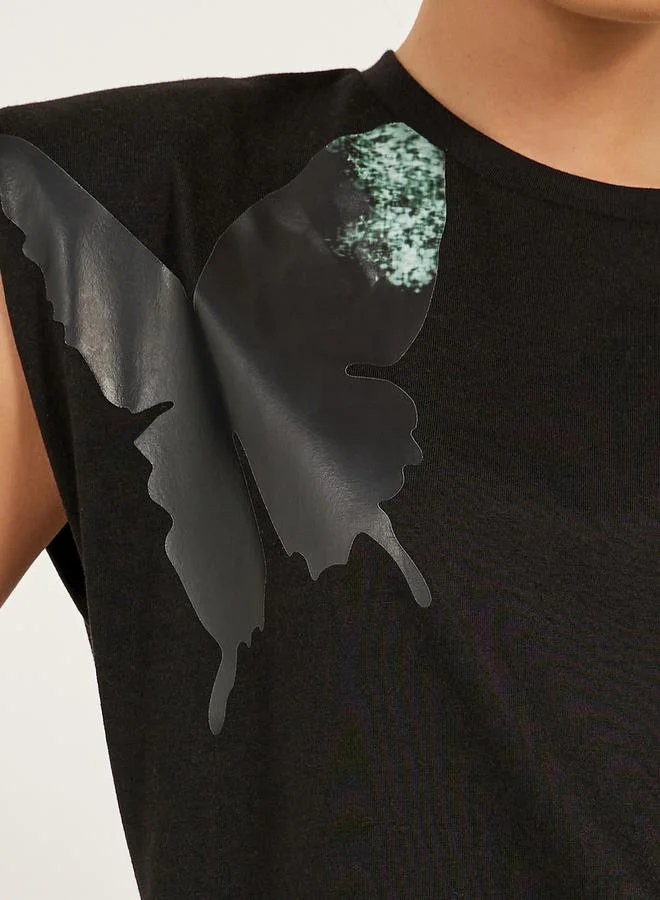 Styli Graphic Print Padded Shoulder Sleeveless T-Shirt