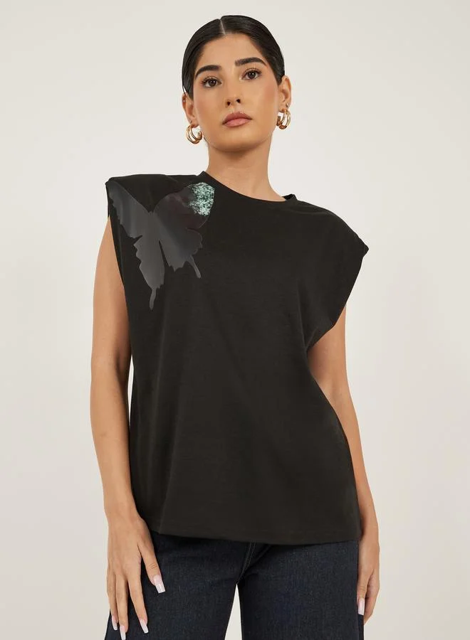 Styli Graphic Print Padded Shoulder Sleeveless T-Shirt