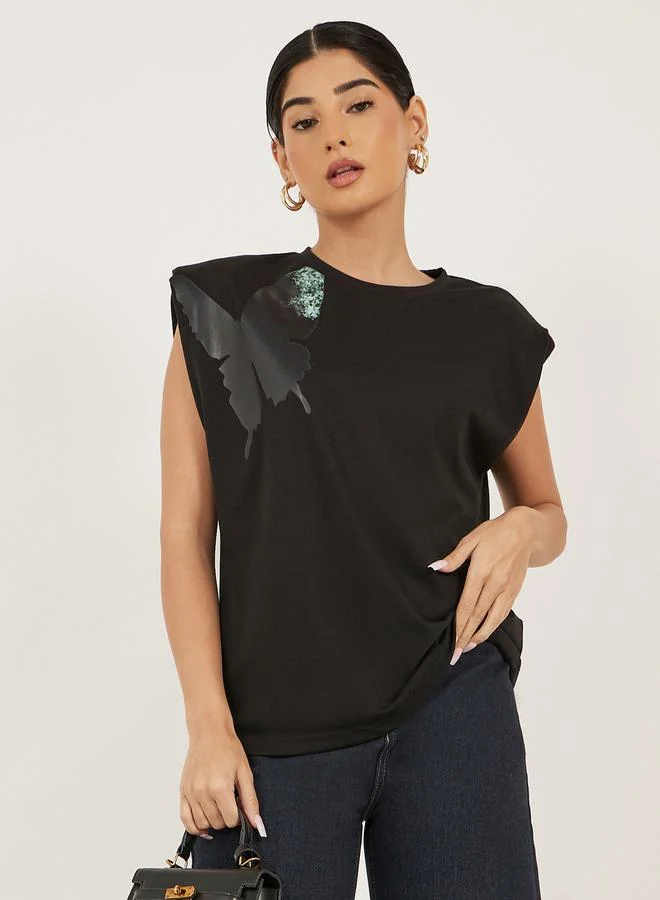Styli Styli Graphic Print Padded Shoulder Sleeveless T-Shirt