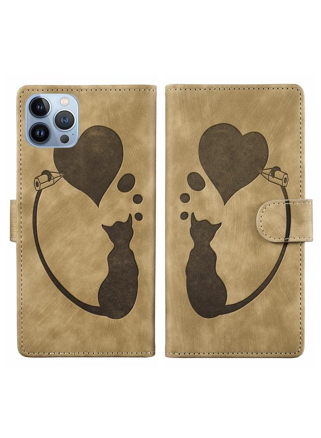 زبون جراب هاتف iPhone 13 Pro من الجلد المنقوش على شكل قلب وقط - Image 1