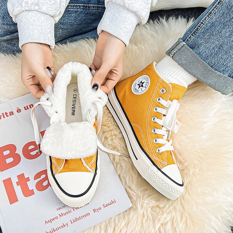 2022 Winter Velvet Canvas Shoes Warm Thickened Ladies Casual Cotton Sneakers Yellow 