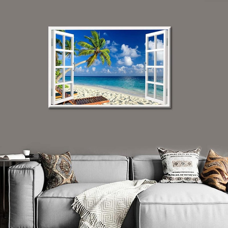 TISHIRON Canvas Wall Art 3D Window View Summertime Art Beach Seaside Coconut Tree Picture for Home Office Bathroom Bedroom Stretched Giclee Framed Print Ready to Hang 16x24inch - Image 2