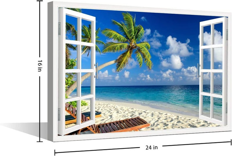 TISHIRON Canvas Wall Art 3D Window View Summertime Art Beach Seaside Coconut Tree Picture for Home Office Bathroom Bedroom Stretched Giclee Framed Print Ready to Hang 16x24inch - Image 5