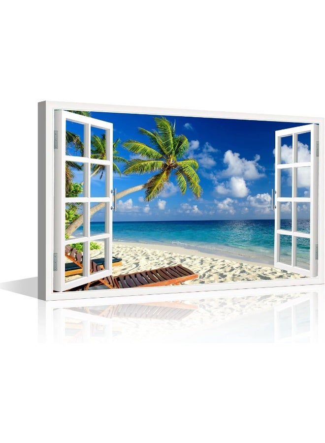 TISHIRON Canvas Wall Art 3D Window View Summertime Art Beach Seaside Coconut Tree Picture for Home Office Bathroom Bedroom Stretched Giclee Framed Print Ready to Hang 16x24inch - Image 1