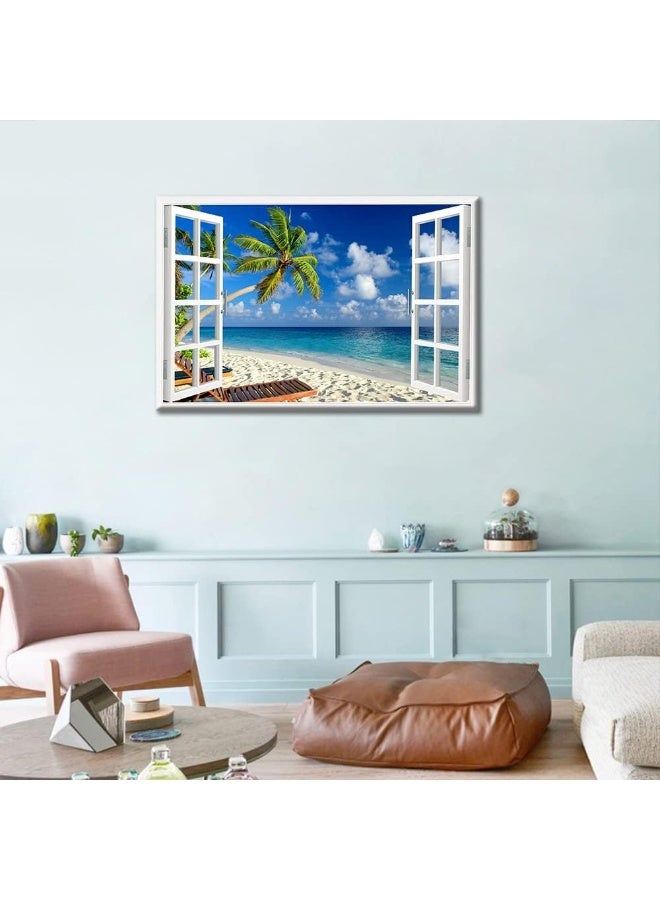 TISHIRON Canvas Wall Art 3D Window View Summertime Art Beach Seaside Coconut Tree Picture for Home Office Bathroom Bedroom Stretched Giclee Framed Print Ready to Hang 16x24inch - Image 3