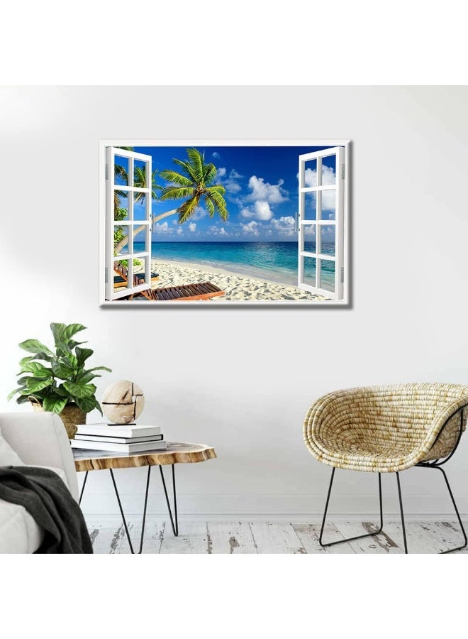 TISHIRON Canvas Wall Art 3D Window View Summertime Art Beach Seaside Coconut Tree Picture for Home Office Bathroom Bedroom Stretched Giclee Framed Print Ready to Hang 16x24inch - Image 4