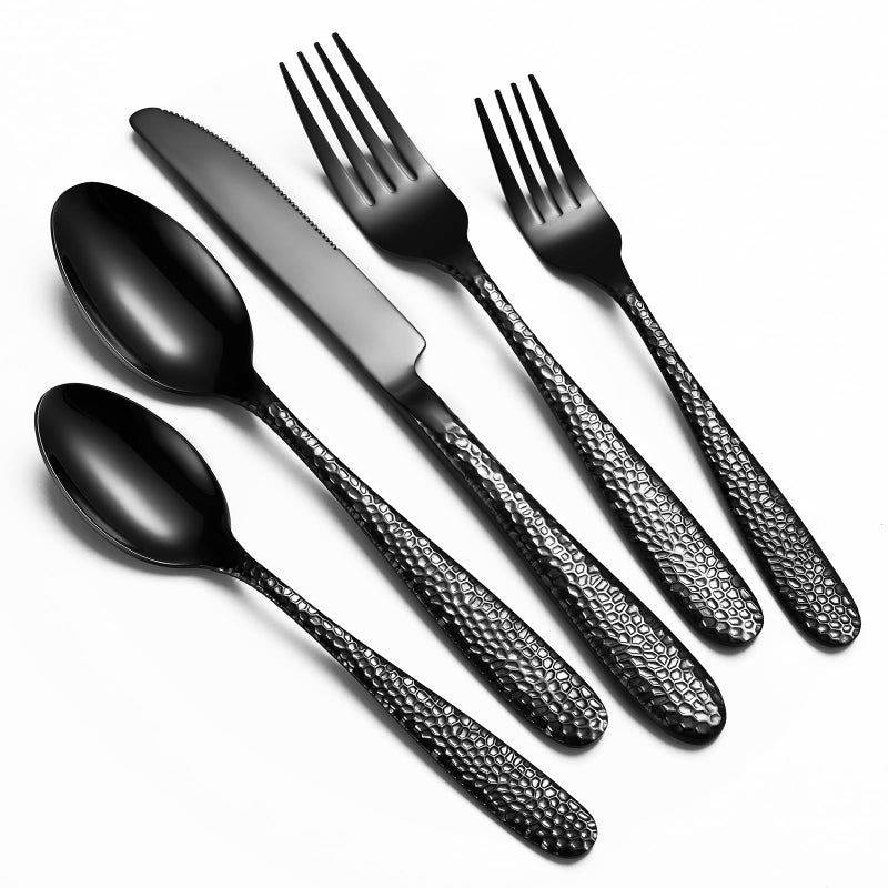 Remoxye Black Hammered Silverware Set, 20-Piece Heavy Duty Stainless Steel Flatware Sets for 4, Food-Grade Cutlery Set for Home Restaurant, Mirror Polished, Dishwasher Safe - Image 1