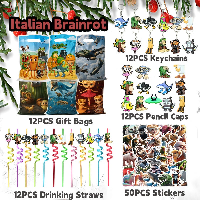 GREAWOD Italian Brainrot Party Bundle, 98-Piece Set â€” 12 Keychains, 12 Curved Reusable Straws, 12 Clip-On Pencil Toppers, 12 Treat Bags, 50 Stickers, Assorted Multicolor Characters - Image 3
