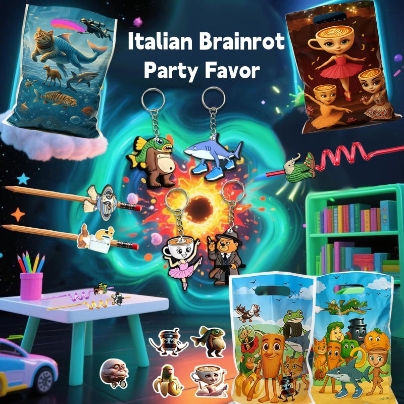 GREAWOD Italian Brainrot Party Bundle, 98-Piece Set â€” 12 Keychains, 12 Curved Reusable Straws, 12 Clip-On Pencil Toppers, 12 Treat Bags, 50 Stickers, Assorted Multicolor Characters - Image 2