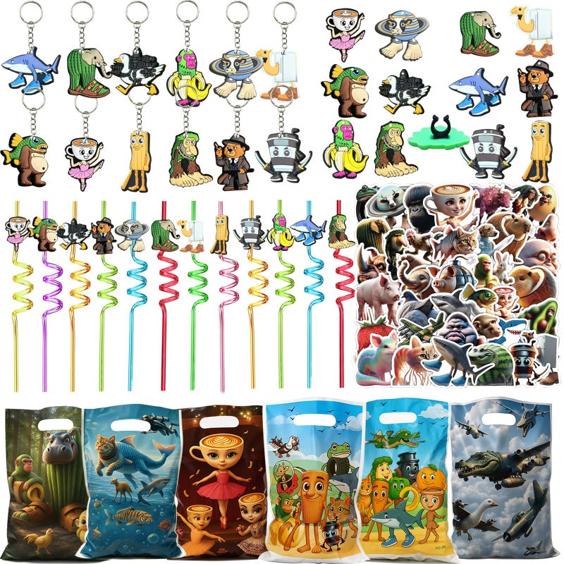 GREAWOD Italian Brainrot Party Bundle, 98-Piece Set â€” 12 Keychains, 12 Curved Reusable Straws, 12 Clip-On Pencil Toppers, 12 Treat Bags, 50 Stickers, Assorted Multicolor Characters - Image 1
