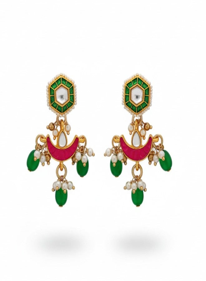 SANJOYA by EVERSTYLISH Kundan Earrings for Women | Pearl & Green Drop Embellished Studs | Bridal Wear Earrings Inspired by the Moon’s Radiance - Image 1