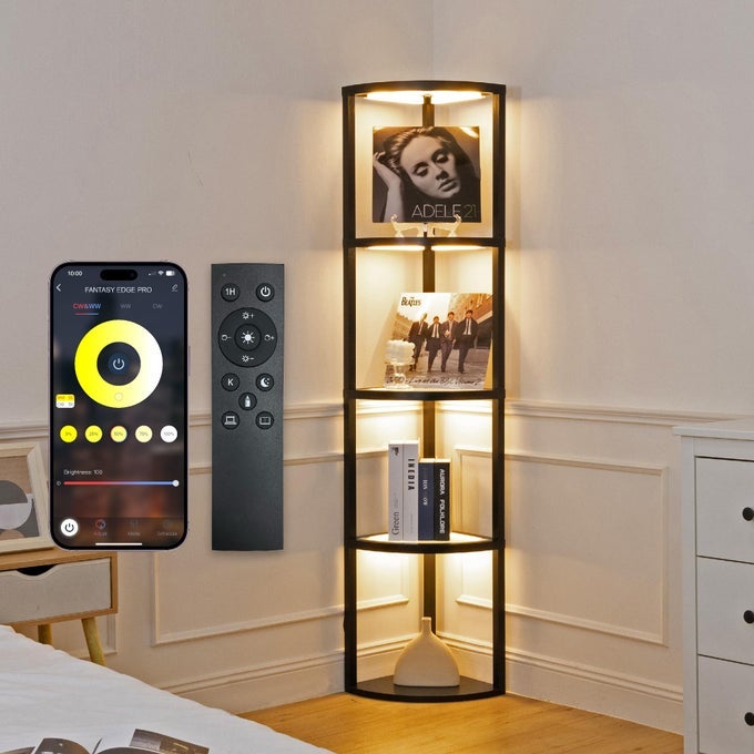 CORNER FLOOR LAMP WITH SHELVES DIMMABLE LED CORNER SHELF WITH LIGHTS STANDING LAMP FOR LIVING ROOM SHELF LAMP WITH FULL BRIGHTNESS CONTROL COLOR CHANGING TEMPS AND REINFORCED GLASS