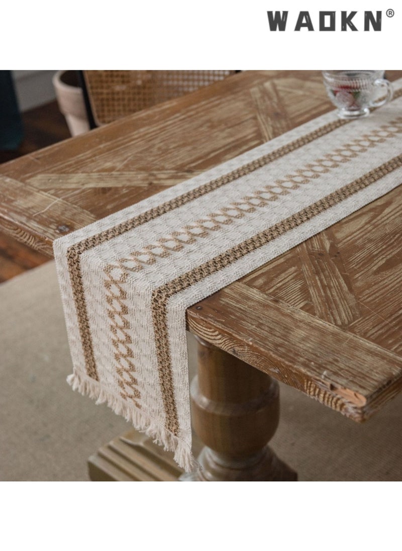 WAOKN Table Runner, 30 * 180 CM Burlap Table Runner Balck and White for Modern Farmhouse Decor, Natural Cotton Woven Runner with Tassels for Wedding Party Farmhouse Dining Table Decor  - Image 3