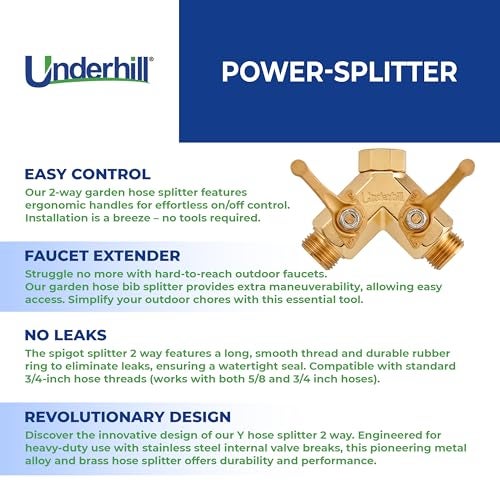 Underhill Garden Y Hose Splitter 2 Way, Heavy Duty Bib Faucet Spigot Connector with Water Shut Off Valves, Metal, 30 GPM, 3/4-Inch Thread, A-HB2HF - Image 3