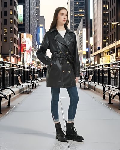 RISISSIDA Women Faux Leather Long Jacket Double Breasted Spring Fall Vegan Pleather Casual Lapel Mid Length Trench Coat with Belt Black M - Image 3