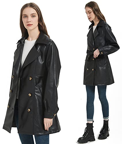 RISISSIDA Women Faux Leather Long Jacket Double Breasted Spring Fall Vegan Pleather Casual Lapel Mid Length Trench Coat with Belt Black M - Image 5