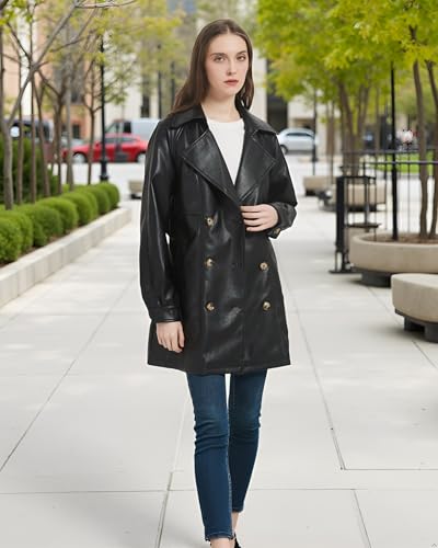 RISISSIDA Women Faux Leather Long Jacket Double Breasted Spring Fall Vegan Pleather Casual Lapel Mid Length Trench Coat with Belt Black M - Image 2