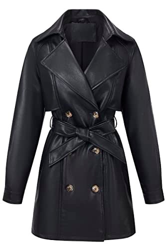 RISISSIDA Women Faux Leather Long Jacket Double Breasted Spring Fall Vegan Pleather Casual Lapel Mid Length Trench Coat with Belt Black M - Image 4
