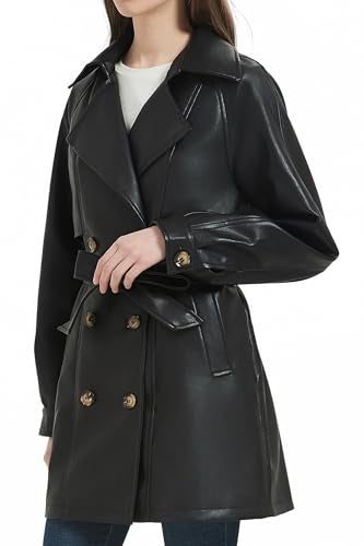 RISISSIDA Women Faux Leather Long Jacket Double Breasted Spring Fall Vegan Pleather Casual Lapel Mid Length Trench Coat with Belt Black M - Image 1