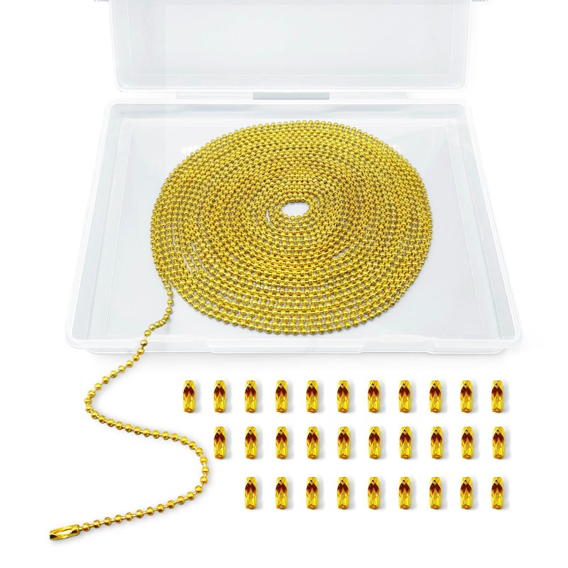 Forimaluence 33 Feet Ball Chain Necklace, 2.4mm Ball Bead Chain with 30 Pieces Connectors Clasps,Metal Ball Chain for Dog Tag, Ceiling Fan Pull Chain Extender, Jewelry Making Kit, DIY Crafts (Gold) - Image 1