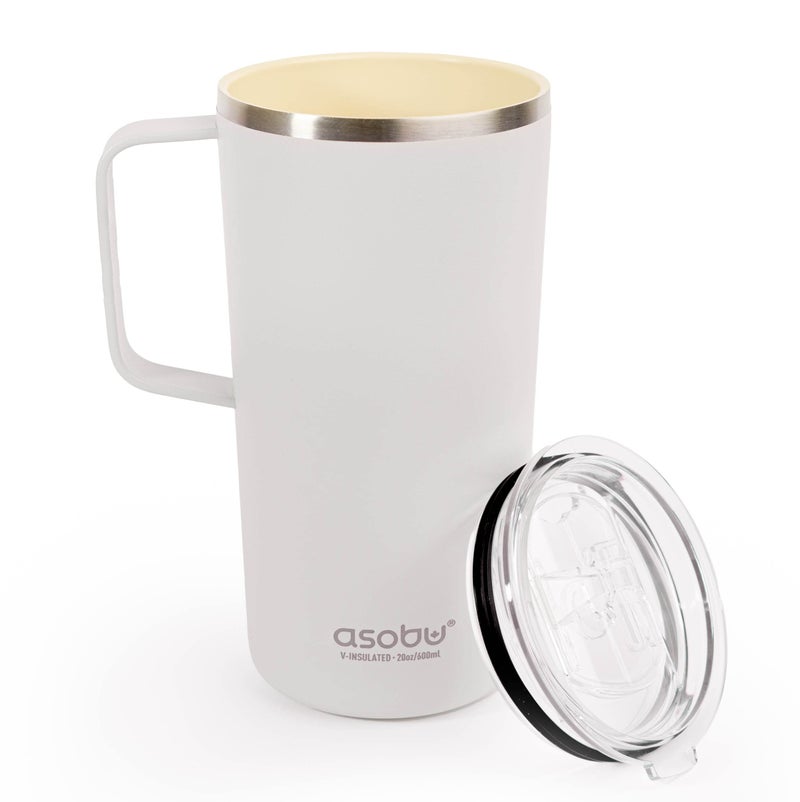 asobu Tower Mug Ceramic Inner Coated Insulated Stainless Steel Cup for Pure Tasting Coffee with Easy Hold Handle and Tritan Lid Fits Standard Cup Holders 20 Ounce Travel Mug (White) - Image 1