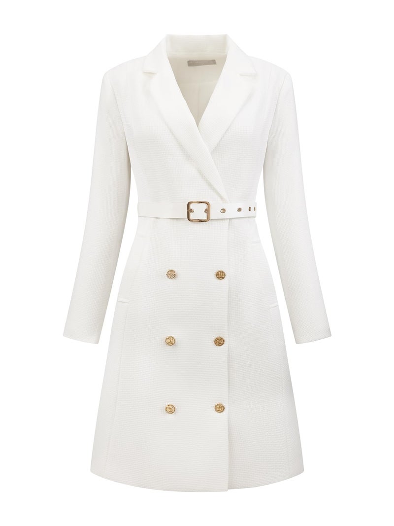 Hobemty Women's Tweed Dress Double Breasted Long Sleeve Blazer Dress with Belt Small White - Image 1