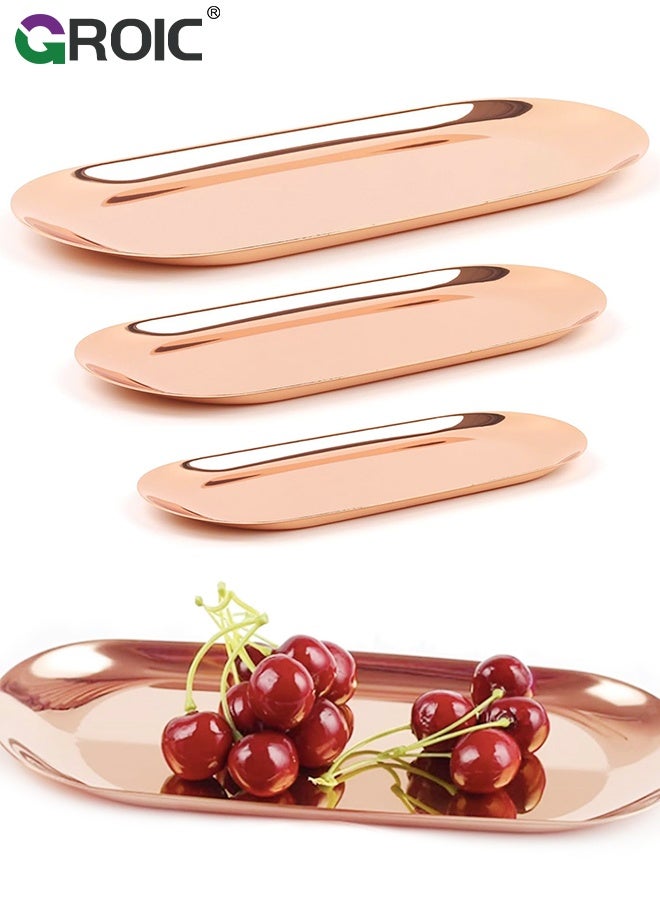 GROIC 3 Pcs Oval  Jewelry Tray, Bathroom Vanity Trays for Dresser Counter, Rose Gold Stainless Steel Decorative Trays, Set of 3, Large, Medium, and Small Plates, Clutter Serving Platter Small Storage Tray - Image 1