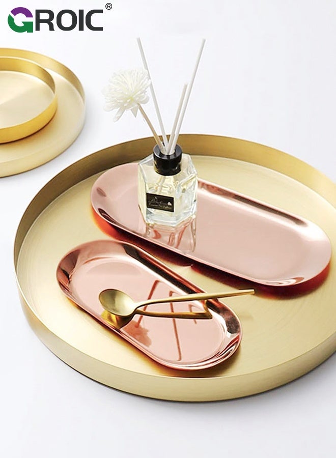 GROIC 3 Pcs Oval  Jewelry Tray, Bathroom Vanity Trays for Dresser Counter, Rose Gold Stainless Steel Decorative Trays, Set of 3, Large, Medium, and Small Plates, Clutter Serving Platter Small Storage Tray - Image 3